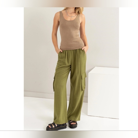 #47 🛑S,L BOHO TRENDY Wide Leg Linen Cargo Pants - Picture 1 of 16